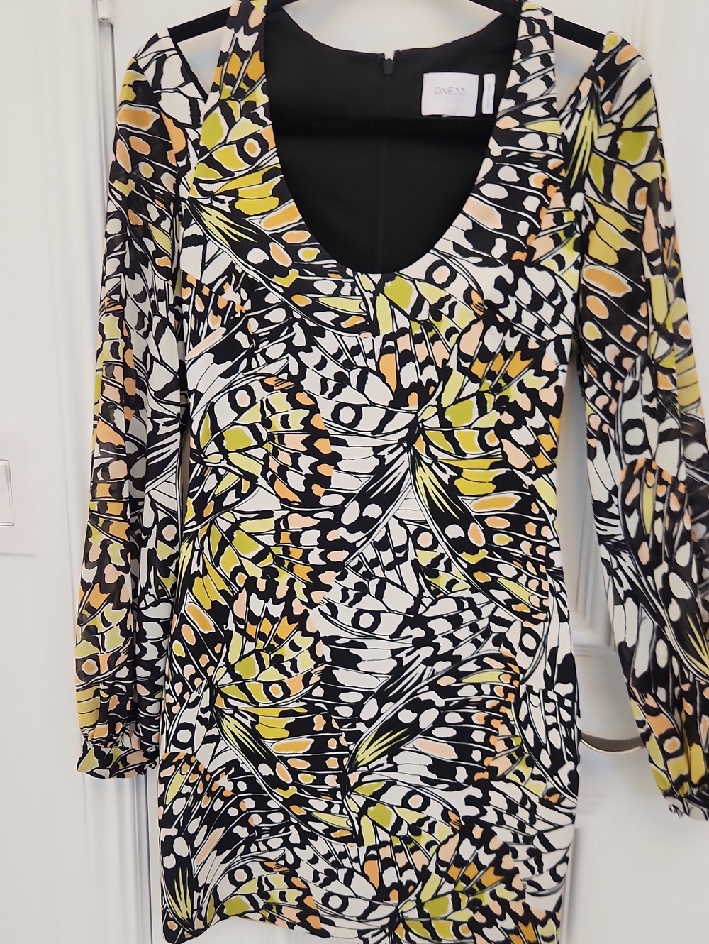 V-Neck Butterfly Print Midi Dress - Black, White & Yellow